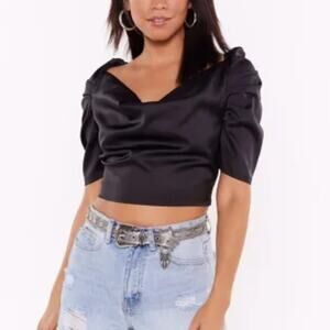 Nasty Gal Black Satin Puff Sleeve Cowl Neck Top